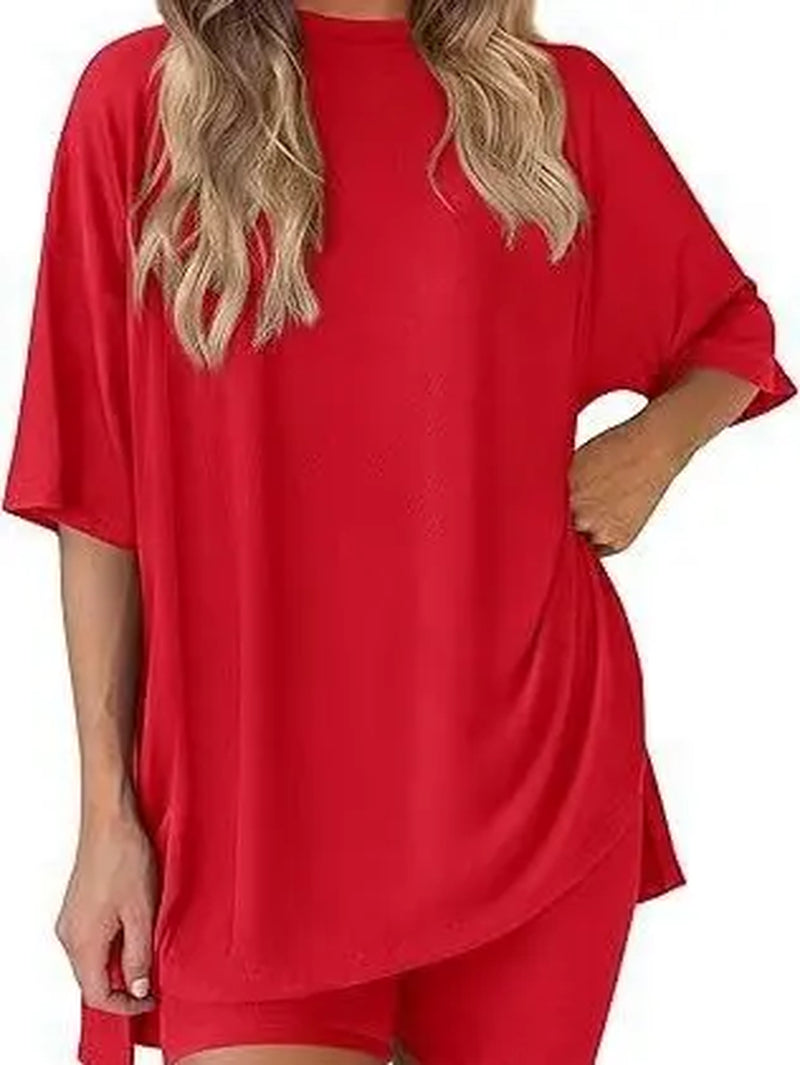 Women'S 2-Piece Solid Color Short-Sleeve round Neck Sleepwear Set - T-Shirt, Tight Shorts, Pocket Design, Casual Summer Comfort Loungewear Womenswear Homewear Womenswear