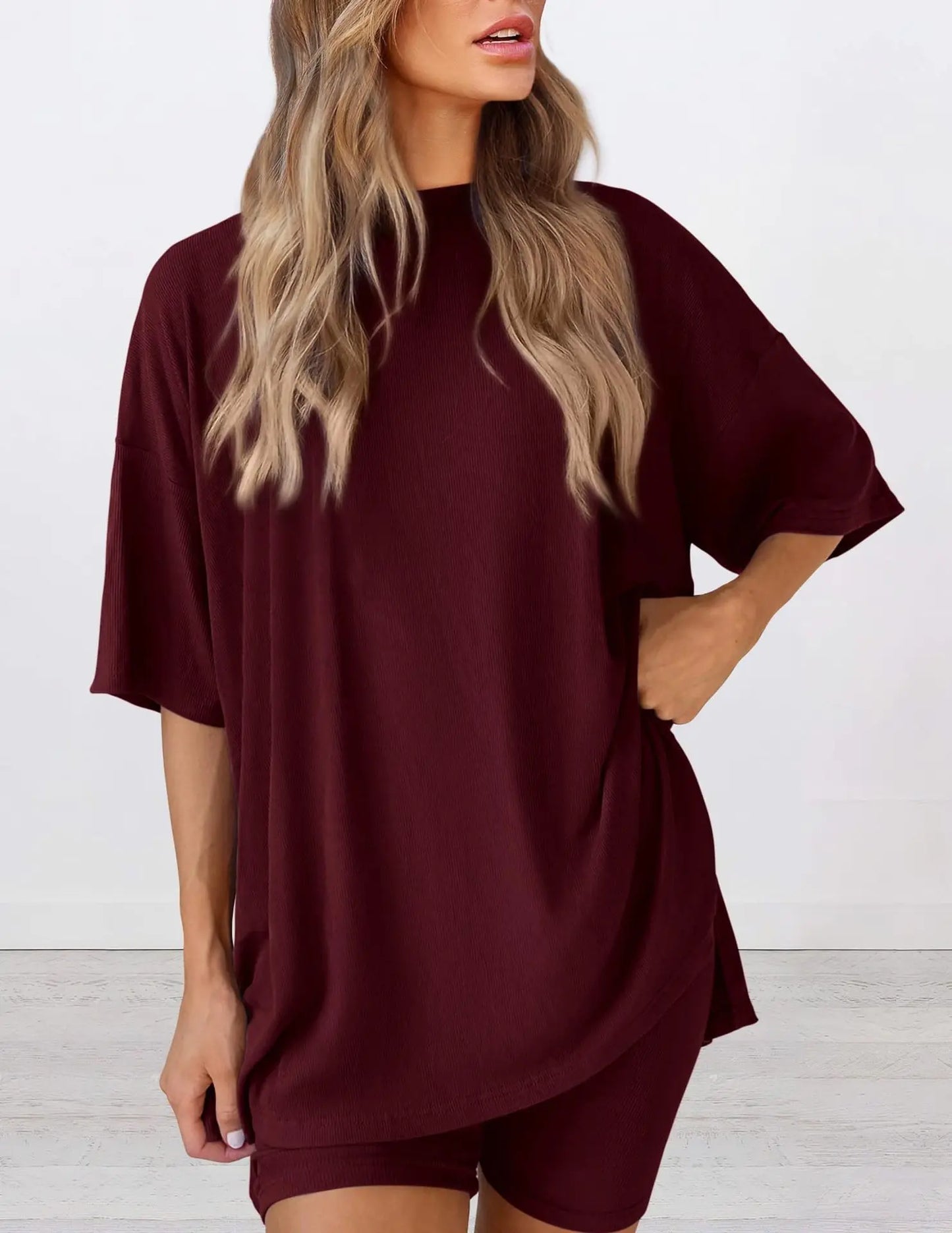 Women'S 2-Piece Solid Color Short-Sleeve round Neck Sleepwear Set - T-Shirt, Tight Shorts, Pocket Design, Casual Summer Comfort Loungewear Womenswear Homewear Womenswear