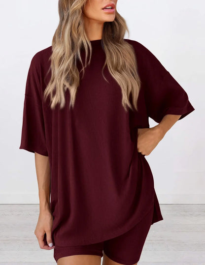 Women'S 2-Piece Solid Color Short-Sleeve round Neck Sleepwear Set - T-Shirt, Tight Shorts, Pocket Design, Casual Summer Comfort Loungewear Womenswear Homewear Womenswear