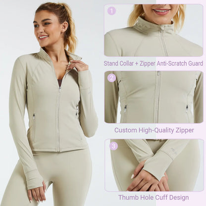 RIOJOY Women'S Basic Long Sleeve BBL Jacket - Spandex Fabric, Lightweight Stand-Up Collar, Full Zipper, Thumb Holes, Pockets, Quick Dry, Breathable, Slim Fit Reflective Outwear for Workout, Longsleeves, Coats, Gym Clothes Women