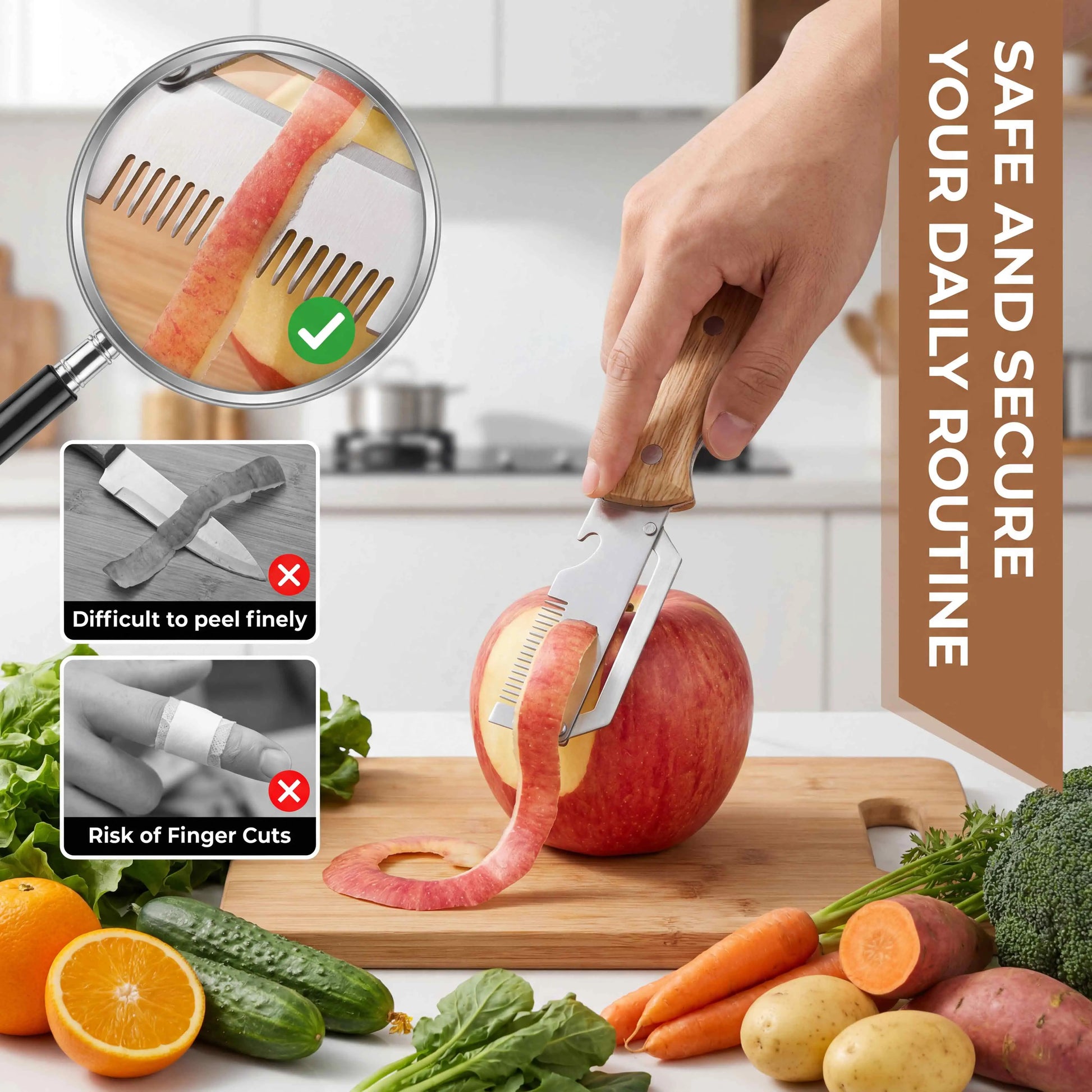 21Cm Extended Long Handle Vegetable Peeler, 9Cm Sharp Stainless Steel Blade, Multi-Function Fruit Peeler with Wooden Handle, Kitchen Gadget for Potatoes, Apples & Veggies