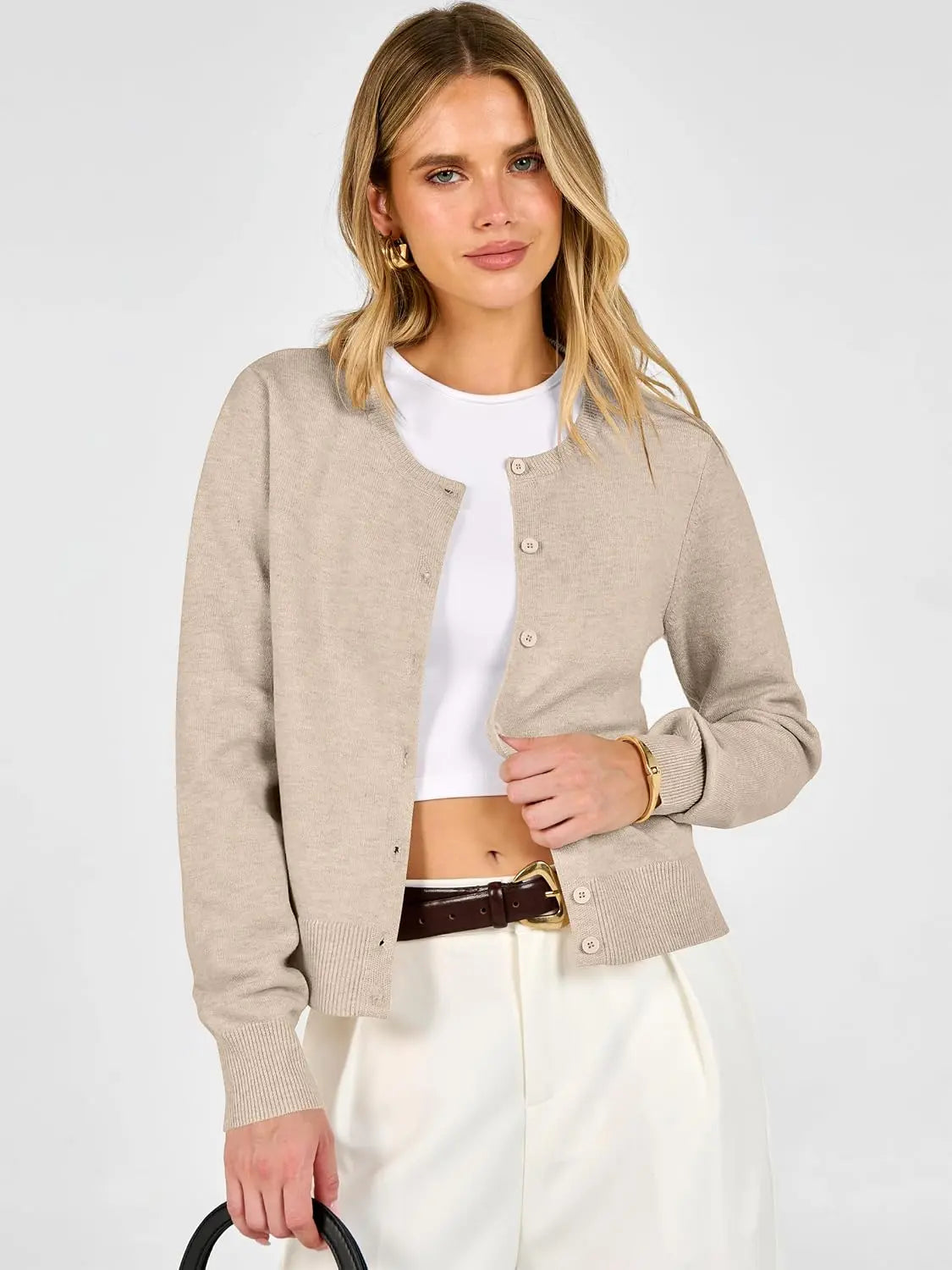 ANRABESS Women'S Cropped Cardigan Sweater | Lightweight Cozy Knit, Long Sleeve Crew Neck Button Down, Cute Versatile Tops for Business Casual Work, Travel, Spring Fall