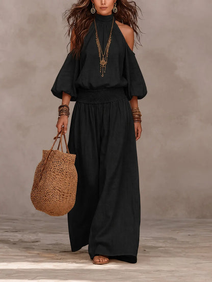 2 Piece Set European Style Loose Fit Lightweight Linen Halter Neck Shoulder Reveal Vacation High Waist Wide Leg Pants Bohemian