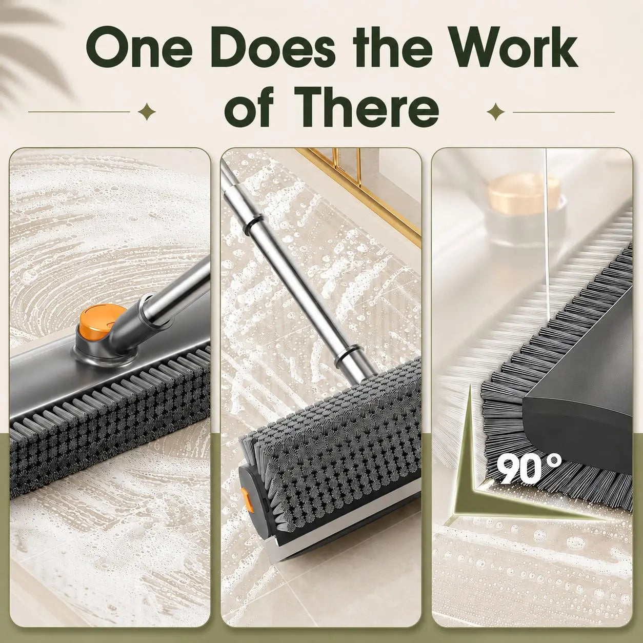 3-In-1 Long Handled Floor Cleaning Brush, Sweep & Scrub Combo with Ergonomic Handle, Heavy Duty Household Tool for Tile, Bathtub, Shower, Baseboard & Hard-To-Reach Corners, Thick Bristles Remove Stains, Grime and Mold Quickly