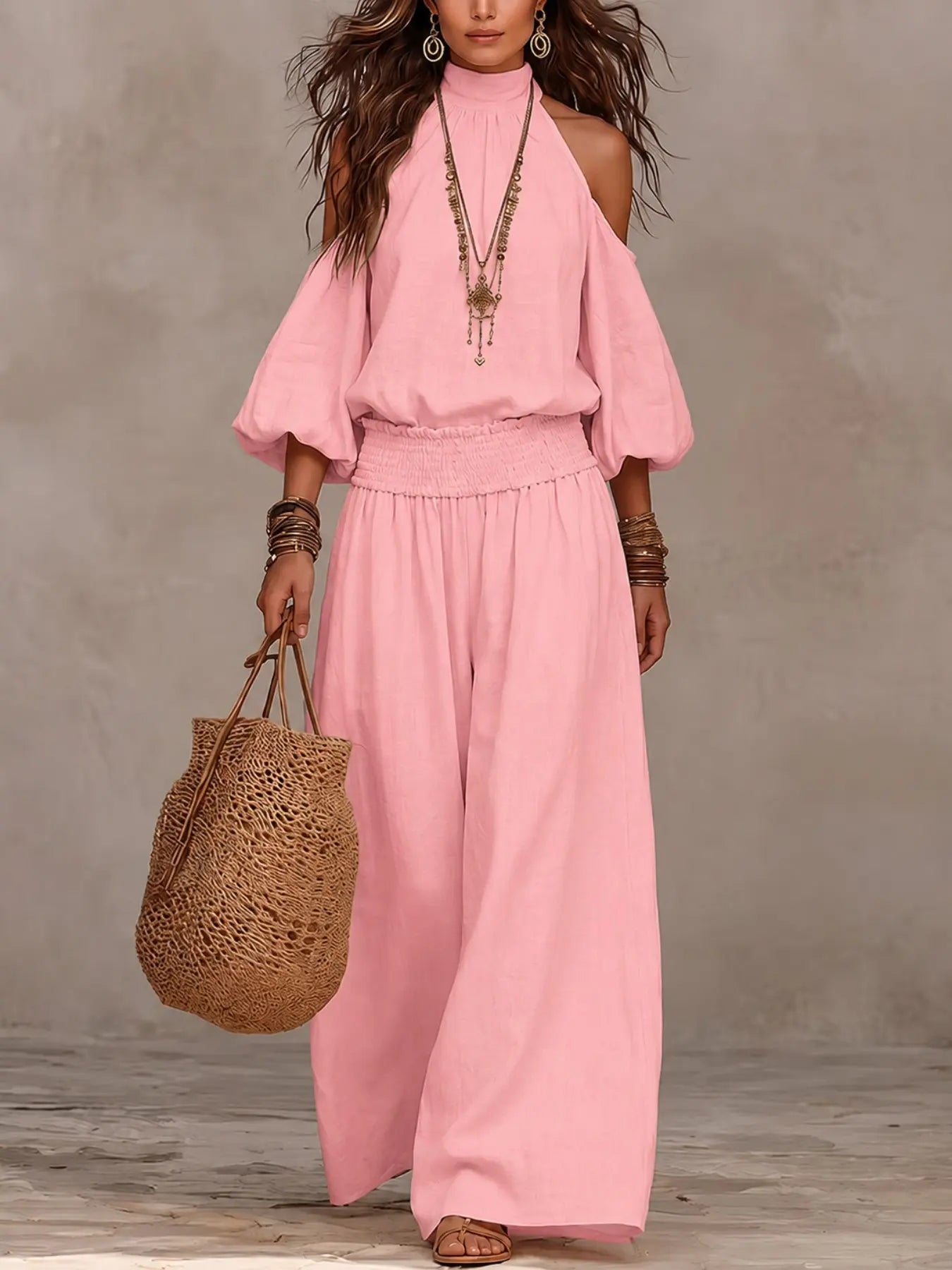 2 Piece Set European Style Loose Fit Lightweight Linen Halter Neck Shoulder Reveal Vacation High Waist Wide Leg Pants Bohemian
