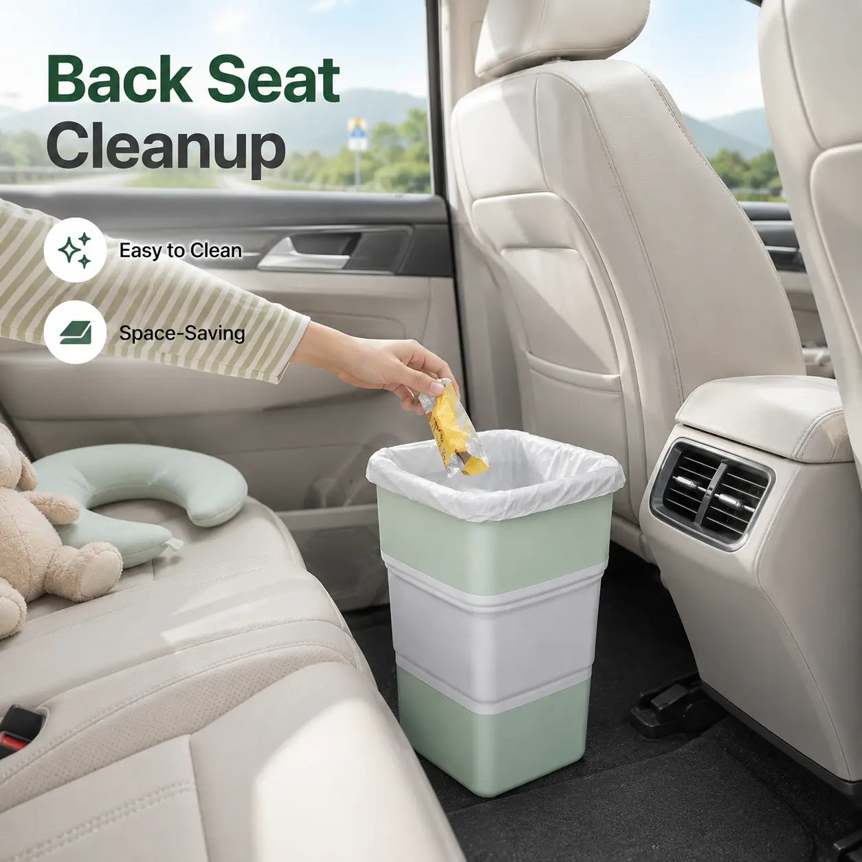 Foldable Car Trash Bin with Lid, Leak-Proof Collapsible Garbage Can, Compact Space-Saving Vehicle Wastebasket for Front or Back Seat, Easy-Clean Portable Storage Bin for Car, Camping, Office & Home