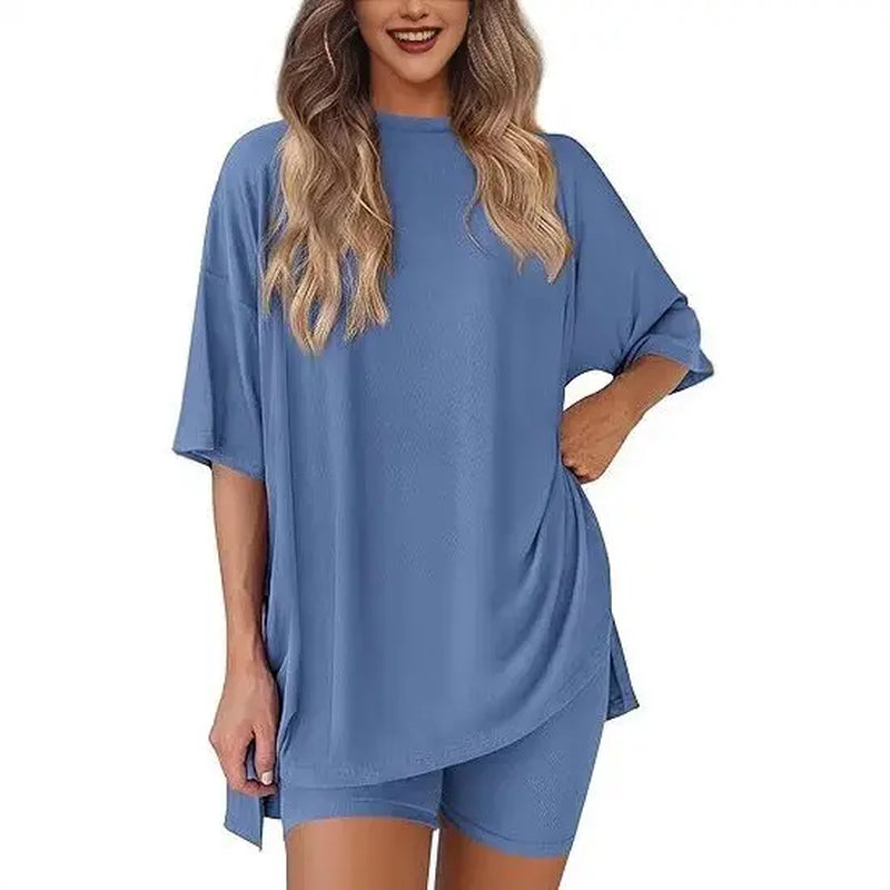 Women'S 2-Piece Solid Color Short-Sleeve round Neck Sleepwear Set - T-Shirt, Tight Shorts, Pocket Design, Casual Summer Comfort Loungewear Womenswear Homewear Womenswear
