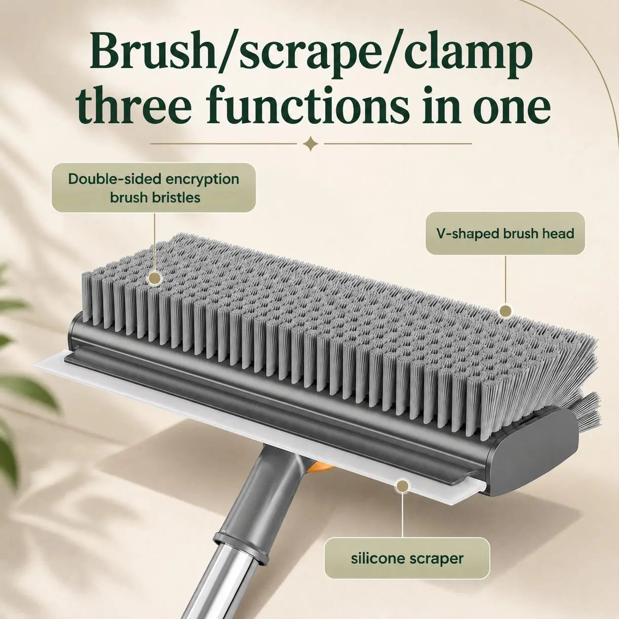 3-In-1 Long Handled Floor Cleaning Brush, Sweep & Scrub Combo with Ergonomic Handle, Heavy Duty Household Tool for Tile, Bathtub, Shower, Baseboard & Hard-To-Reach Corners, Thick Bristles Remove Stains, Grime and Mold Quickly