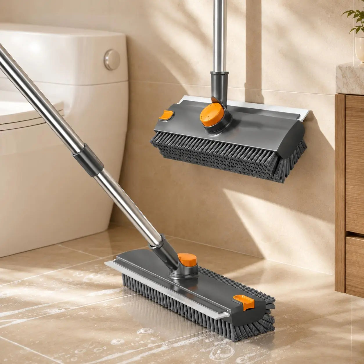 3-In-1 Long Handled Floor Cleaning Brush, Sweep & Scrub Combo with Ergonomic Handle, Heavy Duty Household Tool for Tile, Bathtub, Shower, Baseboard & Hard-To-Reach Corners, Thick Bristles Remove Stains, Grime and Mold Quickly