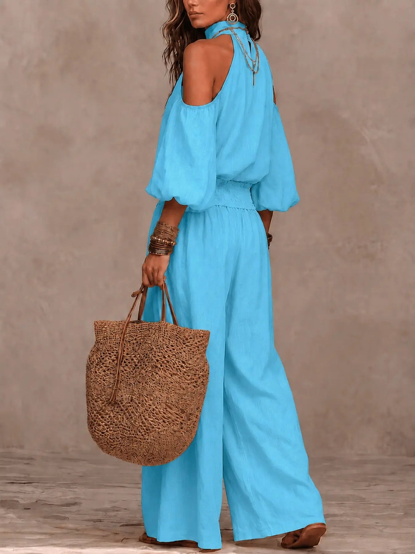 2 Piece Set European Style Loose Fit Lightweight Linen Halter Neck Shoulder Reveal Vacation High Waist Wide Leg Pants Bohemian