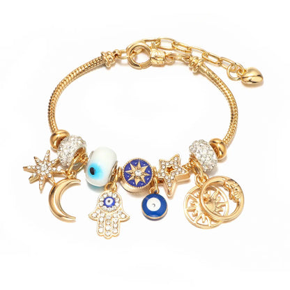 Celestial Charm Bracelet for Women | Moon, Hamsa Hand, Evil Eye & Tree of Life Charms | Gold Adjustable Chain | Fashion Jewelry Gift