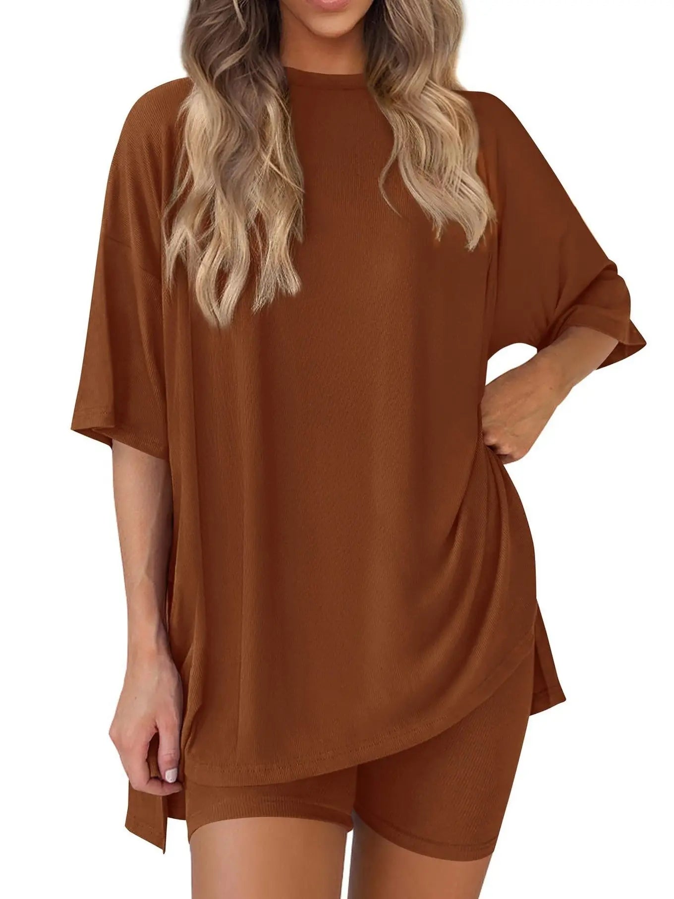 Women'S 2-Piece Solid Color Short-Sleeve round Neck Sleepwear Set - T-Shirt, Tight Shorts, Pocket Design, Casual Summer Comfort Loungewear Womenswear Homewear Womenswear