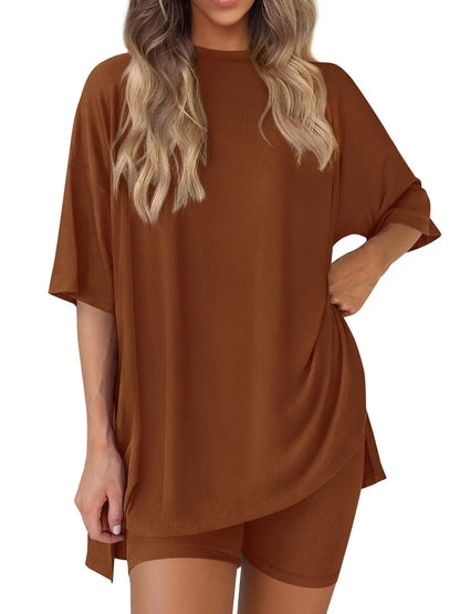 Women'S 2-Piece Solid Color Short-Sleeve round Neck Sleepwear Set - T-Shirt, Tight Shorts, Pocket Design, Casual Summer Comfort Loungewear Womenswear Homewear Womenswear