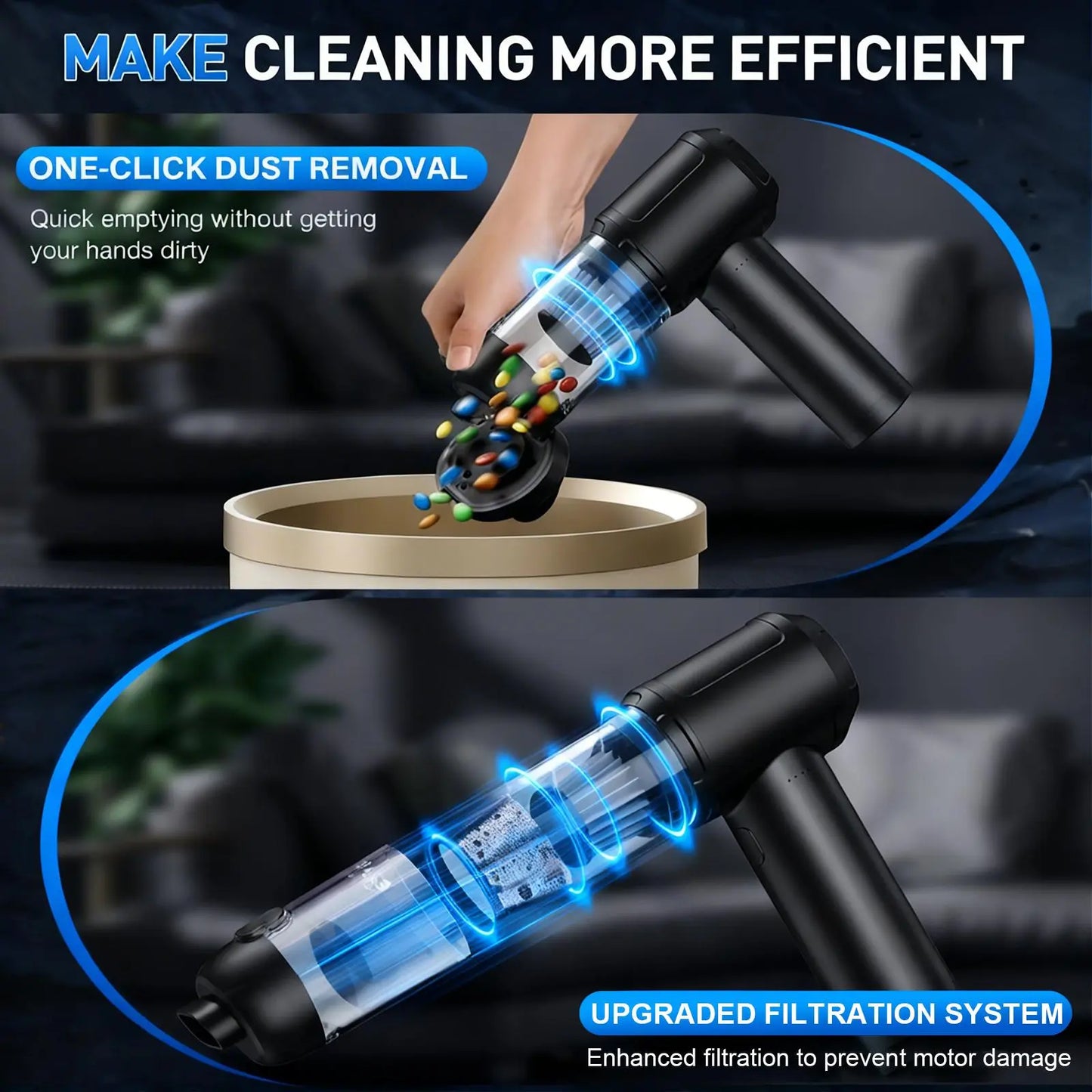 Car Vacuum Portable Cordless, 16000Pa 2 in 1 Vacuum Cleaner&Air Duster, High Power Brushless Motor Handheld Vacuum Cordless with 6000Mah Battery, Multi-Nozzles for Car, Home, Office, Pet