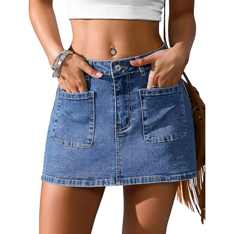 Eddoyee Denim Skirt for Women Mini Jean Skirt with Shorts Y2K Stretchy Jean Skort with Pockets