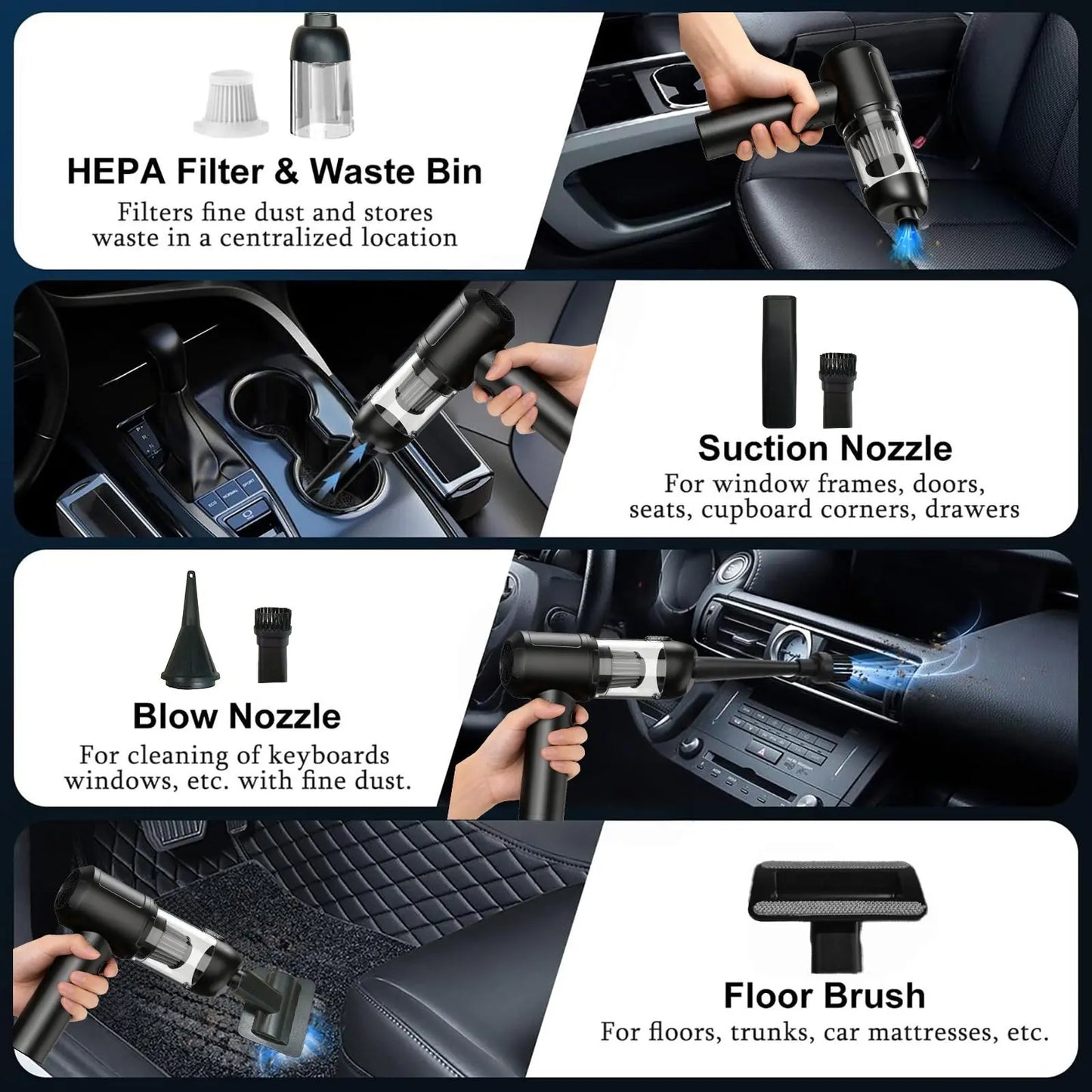 Car Vacuum Portable Cordless, 16000Pa 2 in 1 Vacuum Cleaner&Air Duster, High Power Brushless Motor Handheld Vacuum Cordless with 6000Mah Battery, Multi-Nozzles for Car, Home, Office, Pet