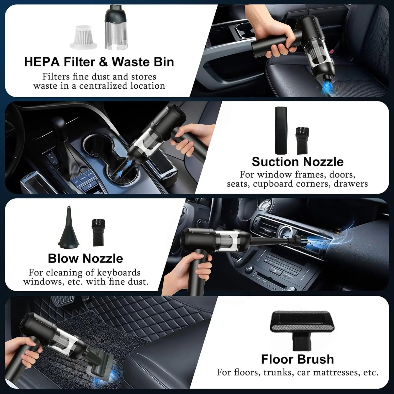 Car Vacuum Portable Cordless, 16000Pa 2 in 1 Vacuum Cleaner&Air Duster, High Power Brushless Motor Handheld Vacuum Cordless with 6000Mah Battery, Multi-Nozzles for Car, Home, Office, Pet
