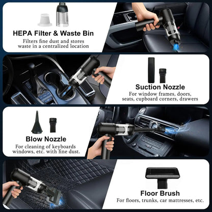 Car Vacuum Portable Cordless, 16000Pa 2 in 1 Vacuum Cleaner&Air Duster, High Power Brushless Motor Handheld Vacuum Cordless with 6000Mah Battery, Multi-Nozzles for Car, Home, Office, Pet