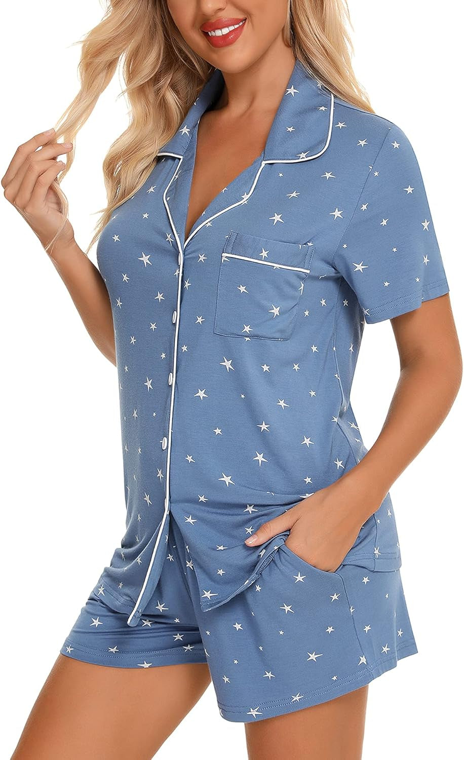 Womens Pajamas Set Short Sleeve Button down Sleepwear 2 Piece Pjs | Lounge Set,Side Pockets,Soft Stretchy,Sleep,Bridesmaid,Wedding Party,Honeymoon,Vacation,Maternity,Postpartum,Xmas,All Seasons