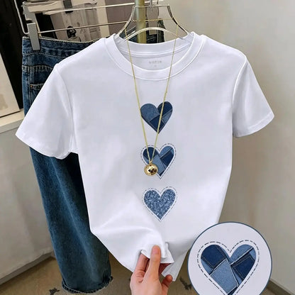 Women'S T-Shirt with Retro Denim Heart Print, Casual round Neck Short Sleeve Breathable Cotton Summer Streetwear, Shirts for Women, Trendy Graphic Shirts