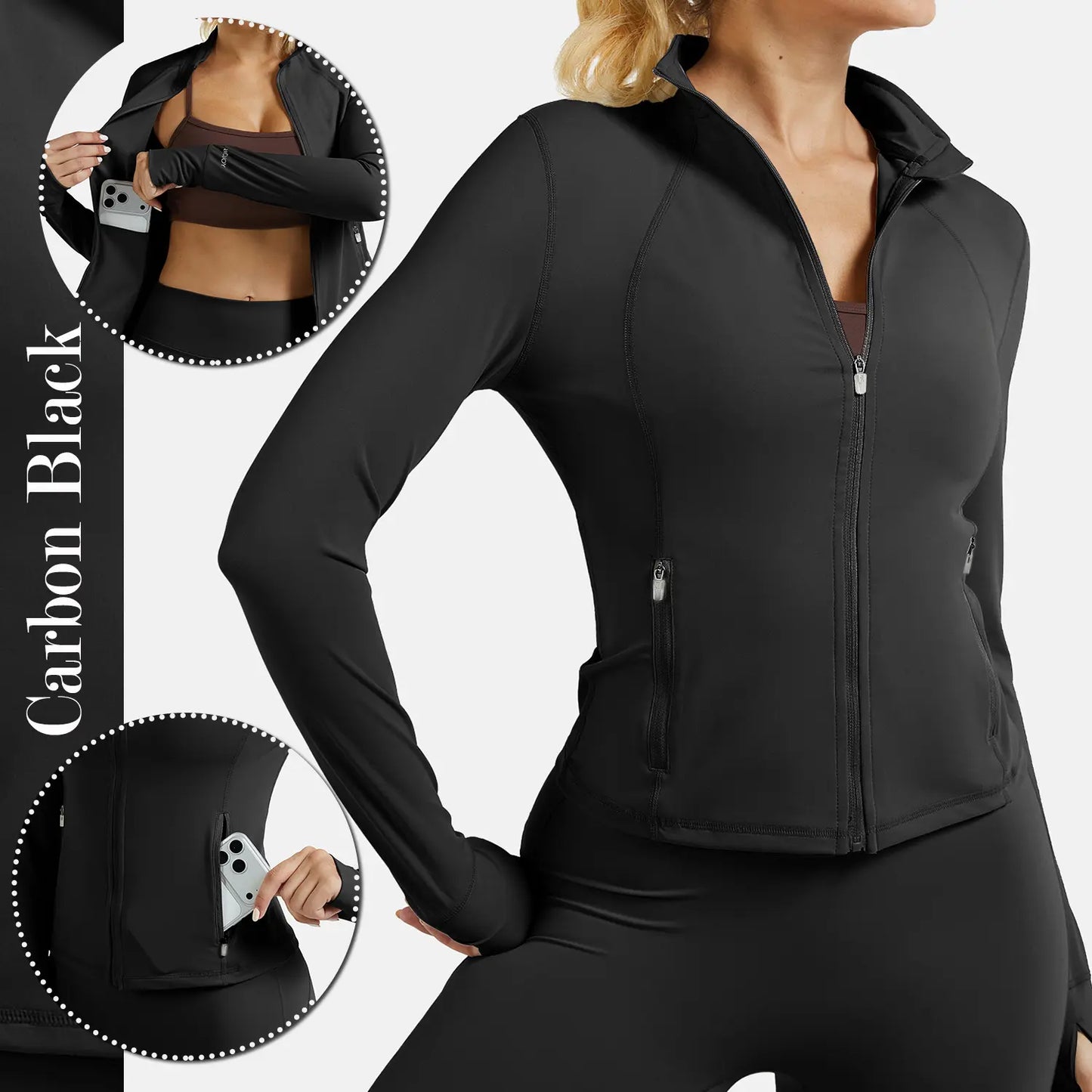 RIOJOY Women'S Basic Long Sleeve BBL Jacket - Spandex Fabric, Lightweight Stand-Up Collar, Full Zipper, Thumb Holes, Pockets, Quick Dry, Breathable, Slim Fit Reflective Outwear for Workout, Longsleeves, Coats, Gym Clothes Women