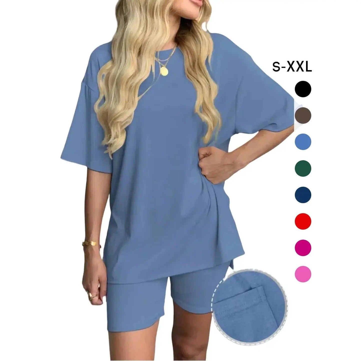 Women'S 2-Piece Solid Color Short-Sleeve round Neck Sleepwear Set - T-Shirt, Tight Shorts, Pocket Design, Casual Summer Comfort Loungewear Womenswear Homewear Womenswear