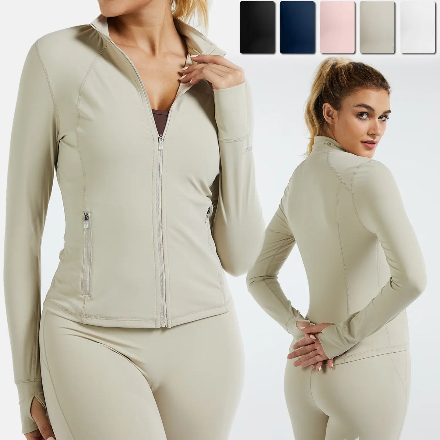 RIOJOY Women'S Basic Long Sleeve BBL Jacket - Spandex Fabric, Lightweight Stand-Up Collar, Full Zipper, Thumb Holes, Pockets, Quick Dry, Breathable, Slim Fit Reflective Outwear for Workout, Longsleeves, Coats, Gym Clothes Women
