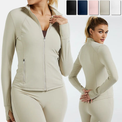 RIOJOY Women'S Basic Long Sleeve BBL Jacket - Spandex Fabric, Lightweight Stand-Up Collar, Full Zipper, Thumb Holes, Pockets, Quick Dry, Breathable, Slim Fit Reflective Outwear for Workout, Longsleeves, Coats, Gym Clothes Women
