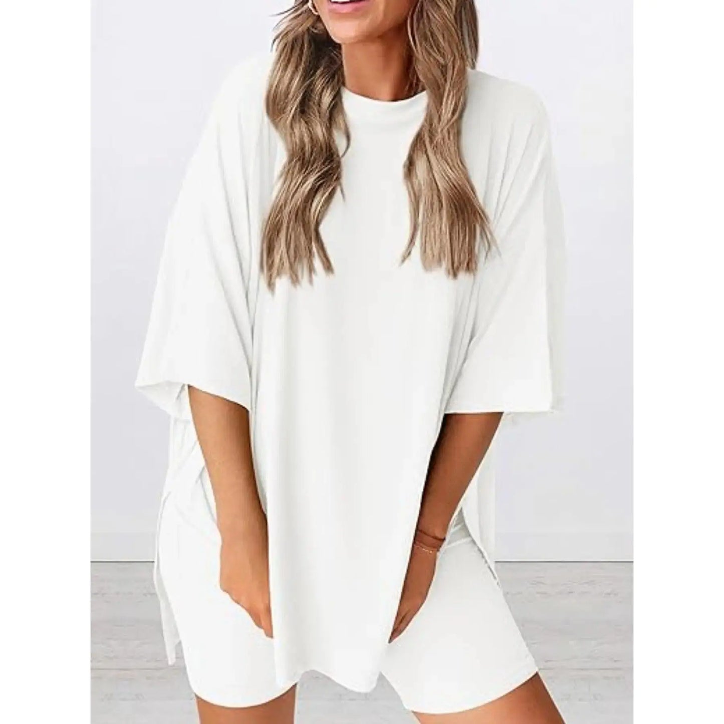 Women'S 2-Piece Solid Color Short-Sleeve round Neck Sleepwear Set - T-Shirt, Tight Shorts, Pocket Design, Casual Summer Comfort Loungewear Womenswear Homewear Womenswear