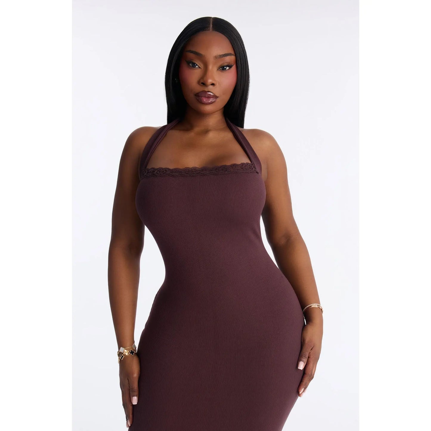 Mallory Halter Snatched Midi Dress - Chocolate