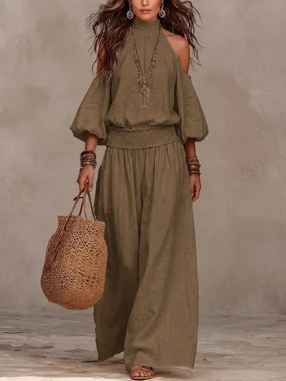 2 Piece Set European Style Loose Fit Lightweight Linen Halter Neck Shoulder Reveal Vacation High Waist Wide Leg Pants Bohemian