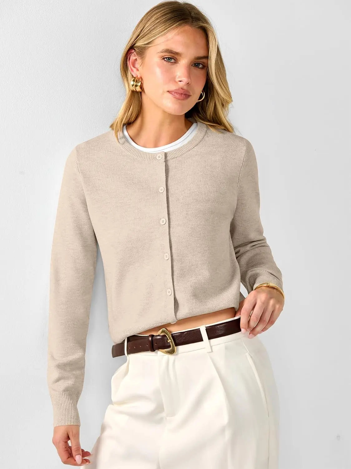 ANRABESS Women'S Cropped Cardigan Sweater | Lightweight Cozy Knit, Long Sleeve Crew Neck Button Down, Cute Versatile Tops for Business Casual Work, Travel, Spring Fall