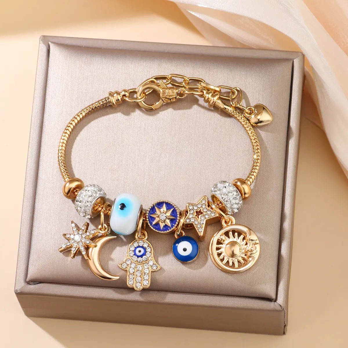 Celestial Charm Bracelet for Women | Moon, Hamsa Hand, Evil Eye & Tree of Life Charms | Gold Adjustable Chain | Fashion Jewelry Gift