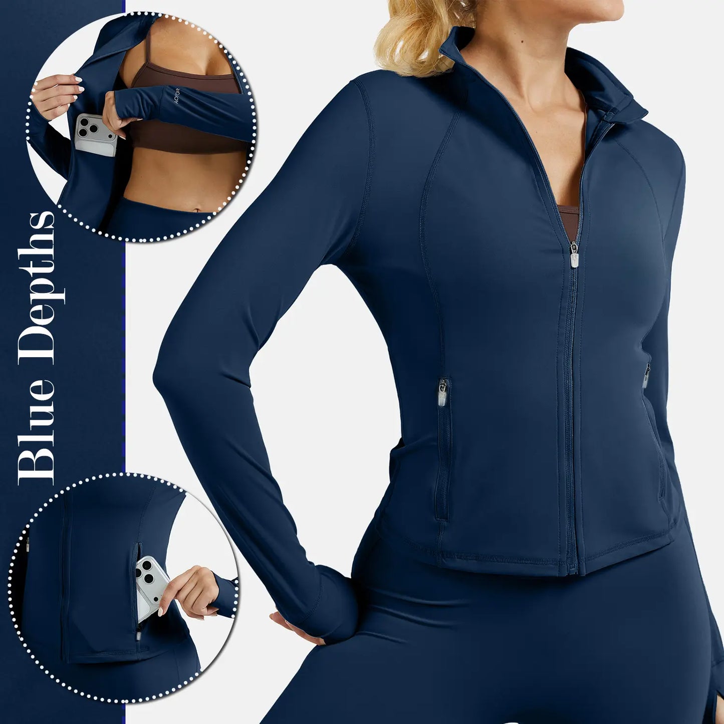 RIOJOY Women'S Basic Long Sleeve BBL Jacket - Spandex Fabric, Lightweight Stand-Up Collar, Full Zipper, Thumb Holes, Pockets, Quick Dry, Breathable, Slim Fit Reflective Outwear for Workout, Longsleeves, Coats, Gym Clothes Women