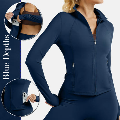 RIOJOY Women'S Basic Long Sleeve BBL Jacket - Spandex Fabric, Lightweight Stand-Up Collar, Full Zipper, Thumb Holes, Pockets, Quick Dry, Breathable, Slim Fit Reflective Outwear for Workout, Longsleeves, Coats, Gym Clothes Women
