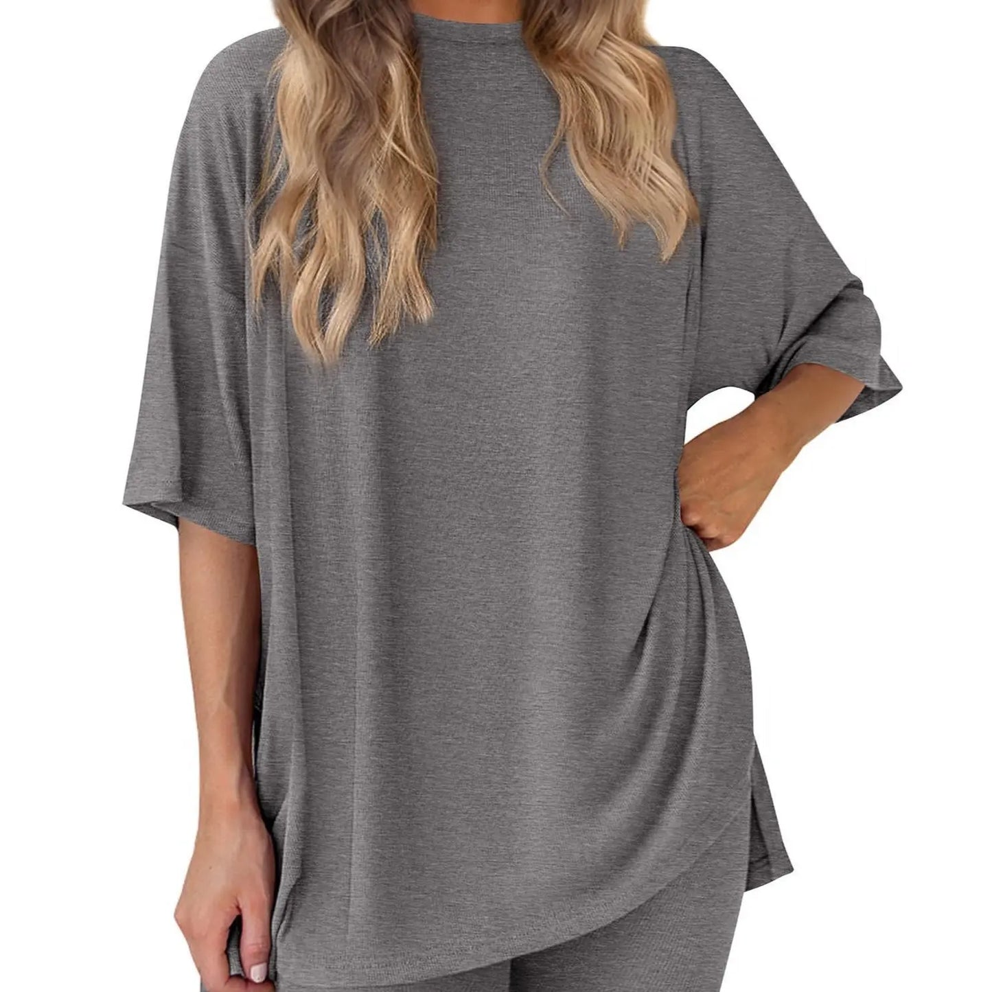 Women'S 2-Piece Solid Color Short-Sleeve round Neck Sleepwear Set - T-Shirt, Tight Shorts, Pocket Design, Casual Summer Comfort Loungewear Womenswear Homewear Womenswear