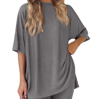 Women'S 2-Piece Solid Color Short-Sleeve round Neck Sleepwear Set - T-Shirt, Tight Shorts, Pocket Design, Casual Summer Comfort Loungewear Womenswear Homewear Womenswear
