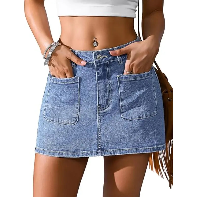 Eddoyee Denim Skirt for Women Mini Jean Skirt with Shorts Y2K Stretchy Jean Skort with Pockets