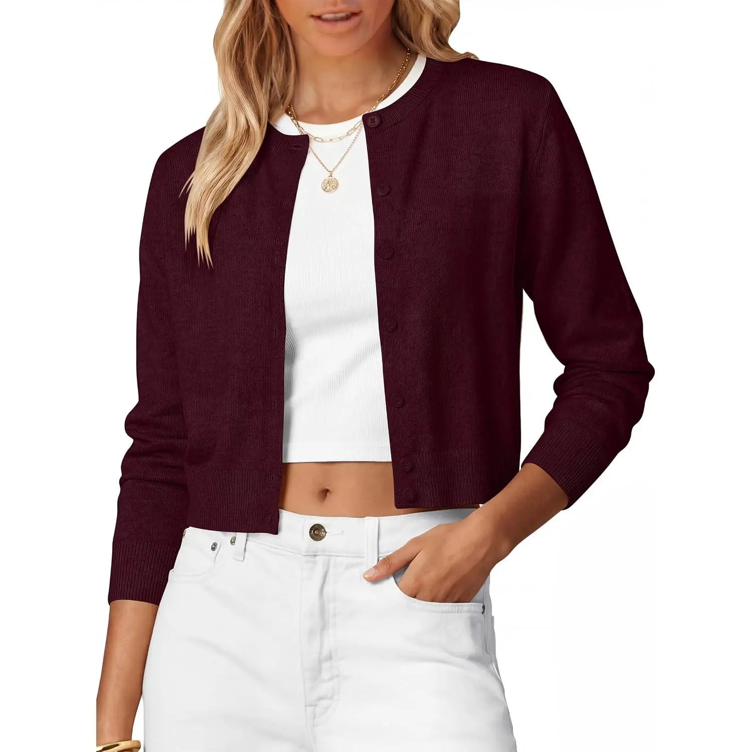 ANRABESS Women'S Cropped Cardigan Sweater | Lightweight Cozy Knit, Long Sleeve Crew Neck Button Down, Cute Versatile Tops for Business Casual Work, Travel, Spring Fall