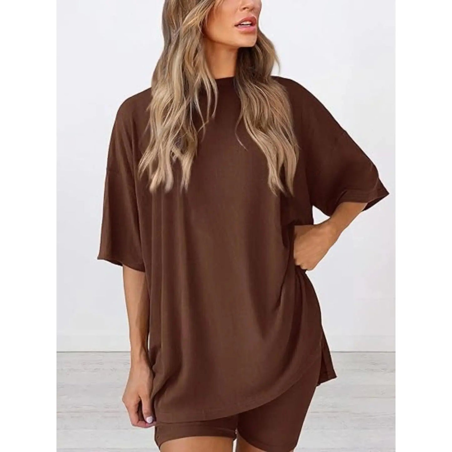 Women'S 2-Piece Solid Color Short-Sleeve round Neck Sleepwear Set - T-Shirt, Tight Shorts, Pocket Design, Casual Summer Comfort Loungewear Womenswear Homewear Womenswear