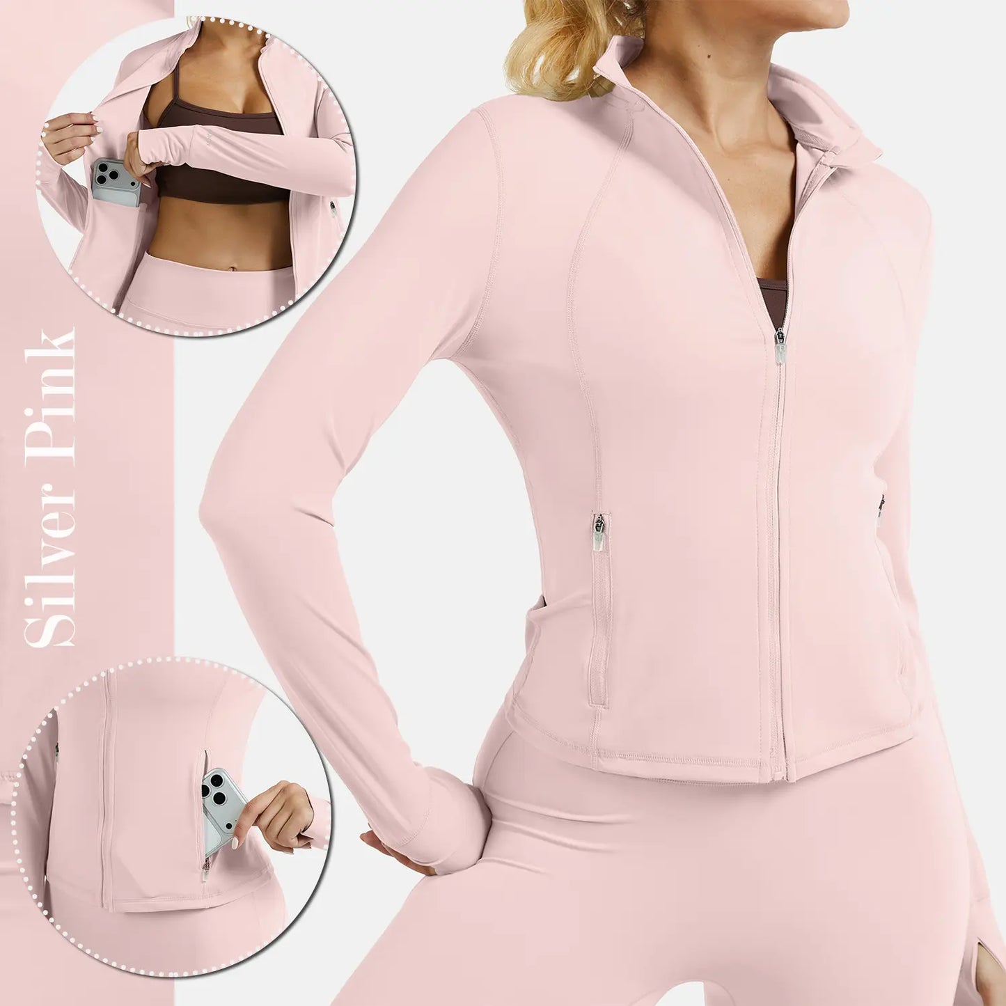 RIOJOY Women'S Basic Long Sleeve BBL Jacket - Spandex Fabric, Lightweight Stand-Up Collar, Full Zipper, Thumb Holes, Pockets, Quick Dry, Breathable, Slim Fit Reflective Outwear for Workout, Longsleeves, Coats, Gym Clothes Women