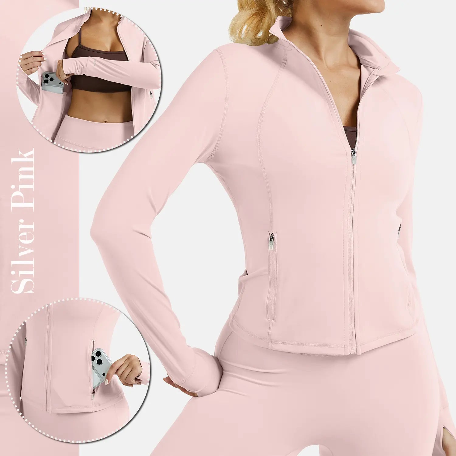 RIOJOY Women'S Basic Long Sleeve BBL Jacket - Spandex Fabric, Lightweight Stand-Up Collar, Full Zipper, Thumb Holes, Pockets, Quick Dry, Breathable, Slim Fit Reflective Outwear for Workout, Longsleeves, Coats, Gym Clothes Women