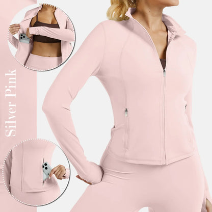 RIOJOY Women'S Basic Long Sleeve BBL Jacket - Spandex Fabric, Lightweight Stand-Up Collar, Full Zipper, Thumb Holes, Pockets, Quick Dry, Breathable, Slim Fit Reflective Outwear for Workout, Longsleeves, Coats, Gym Clothes Women