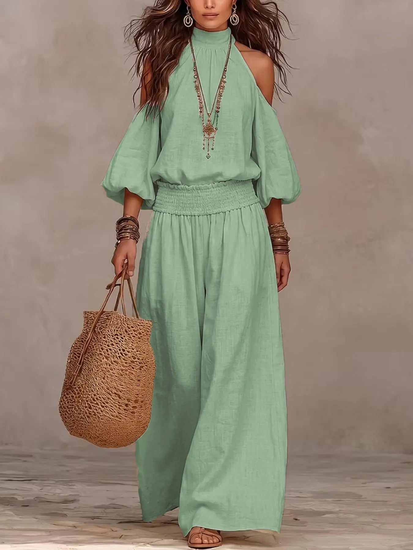2 Piece Set European Style Loose Fit Lightweight Linen Halter Neck Shoulder Reveal Vacation High Waist Wide Leg Pants Bohemian