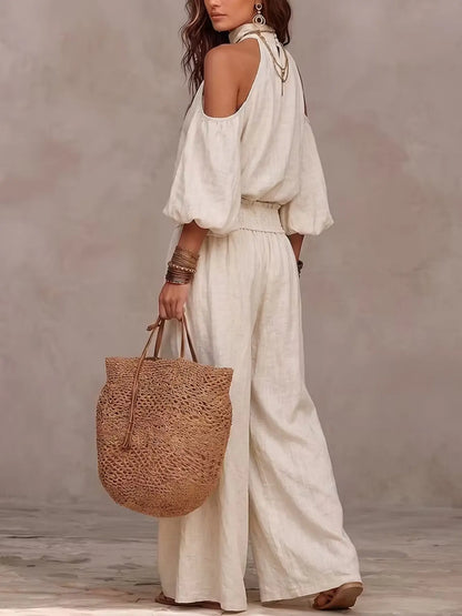 2 Piece Set European Style Loose Fit Lightweight Linen Halter Neck Shoulder Reveal Vacation High Waist Wide Leg Pants Bohemian