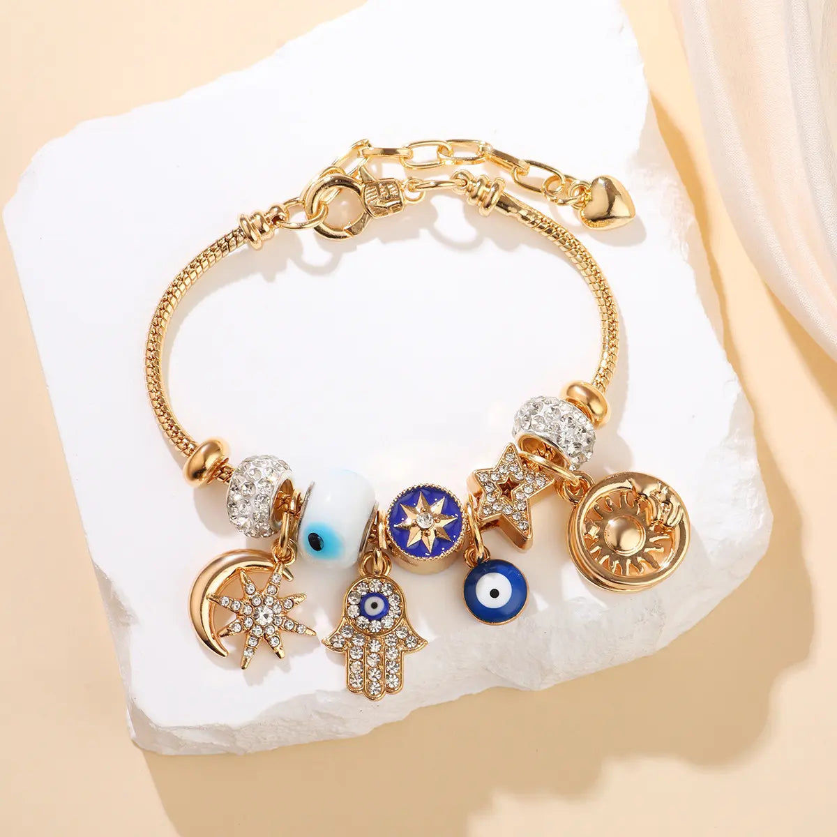 Celestial Charm Bracelet for Women | Moon, Hamsa Hand, Evil Eye & Tree of Life Charms | Gold Adjustable Chain | Fashion Jewelry Gift