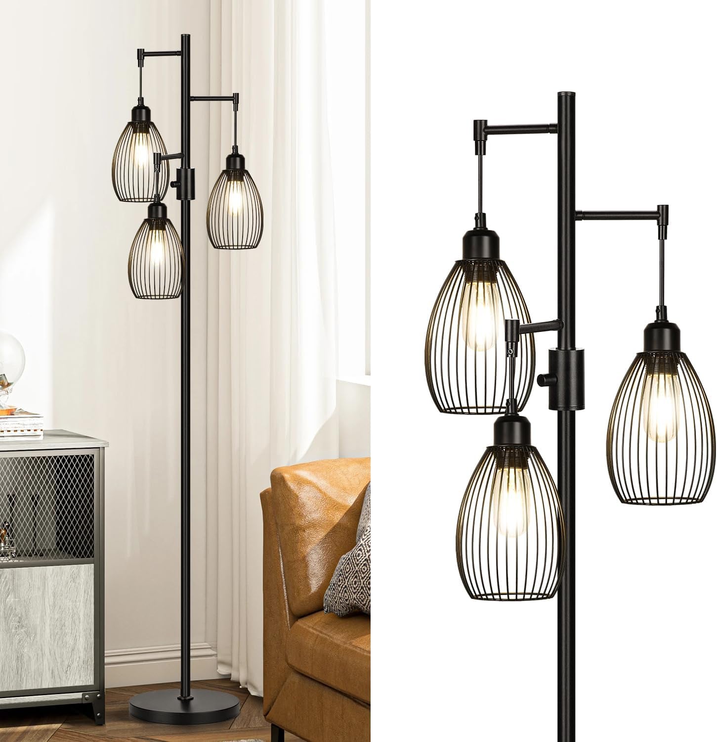 70’’ Dimmable Floor Lamp, 3 X 800LM LED Edison Bulbs Included, Industrial Floor Lamps for Living Room, Rustic Tall Lamps Standing Lamp for Bedrooms Living Room