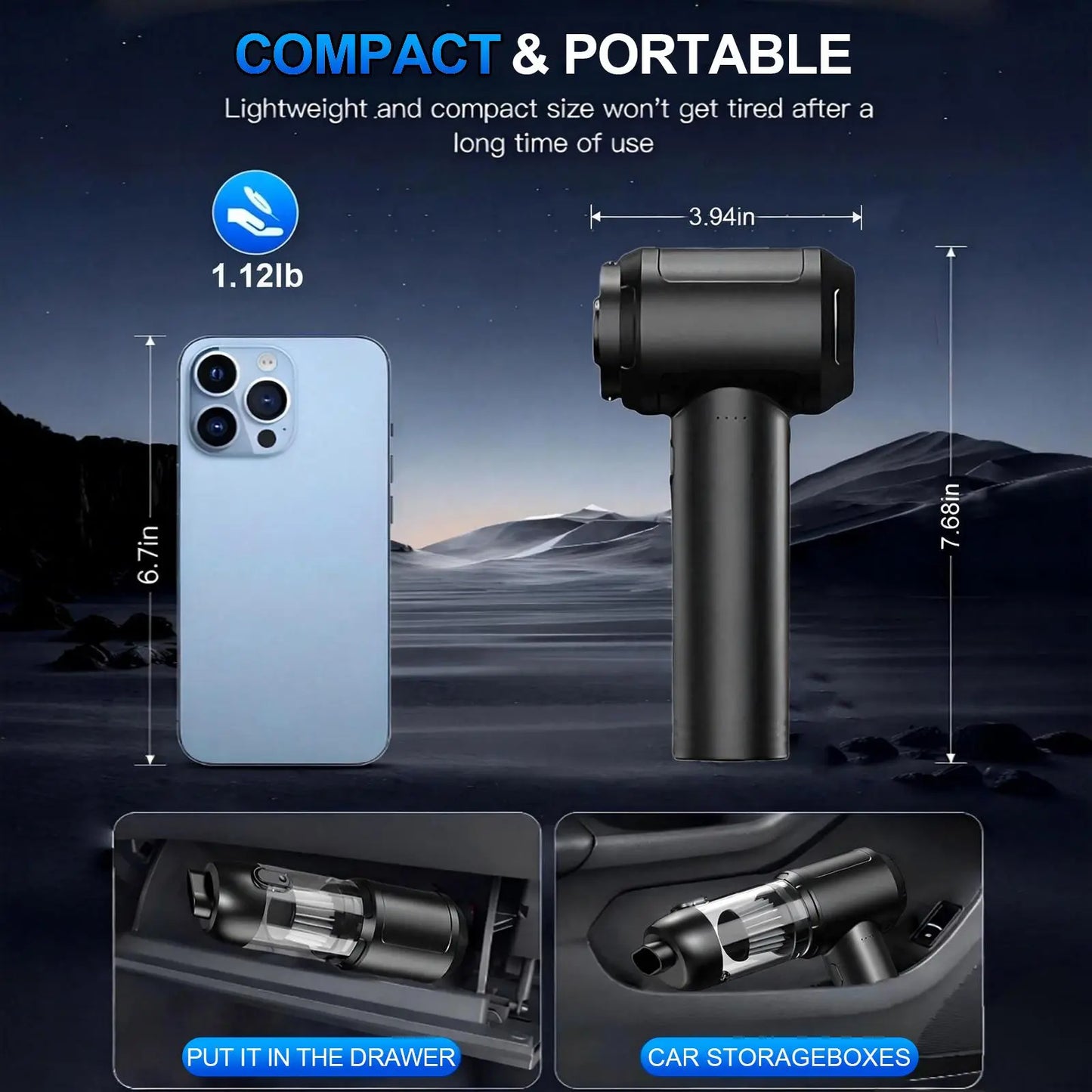 Car Vacuum Portable Cordless, 16000Pa 2 in 1 Vacuum Cleaner&Air Duster, High Power Brushless Motor Handheld Vacuum Cordless with 6000Mah Battery, Multi-Nozzles for Car, Home, Office, Pet