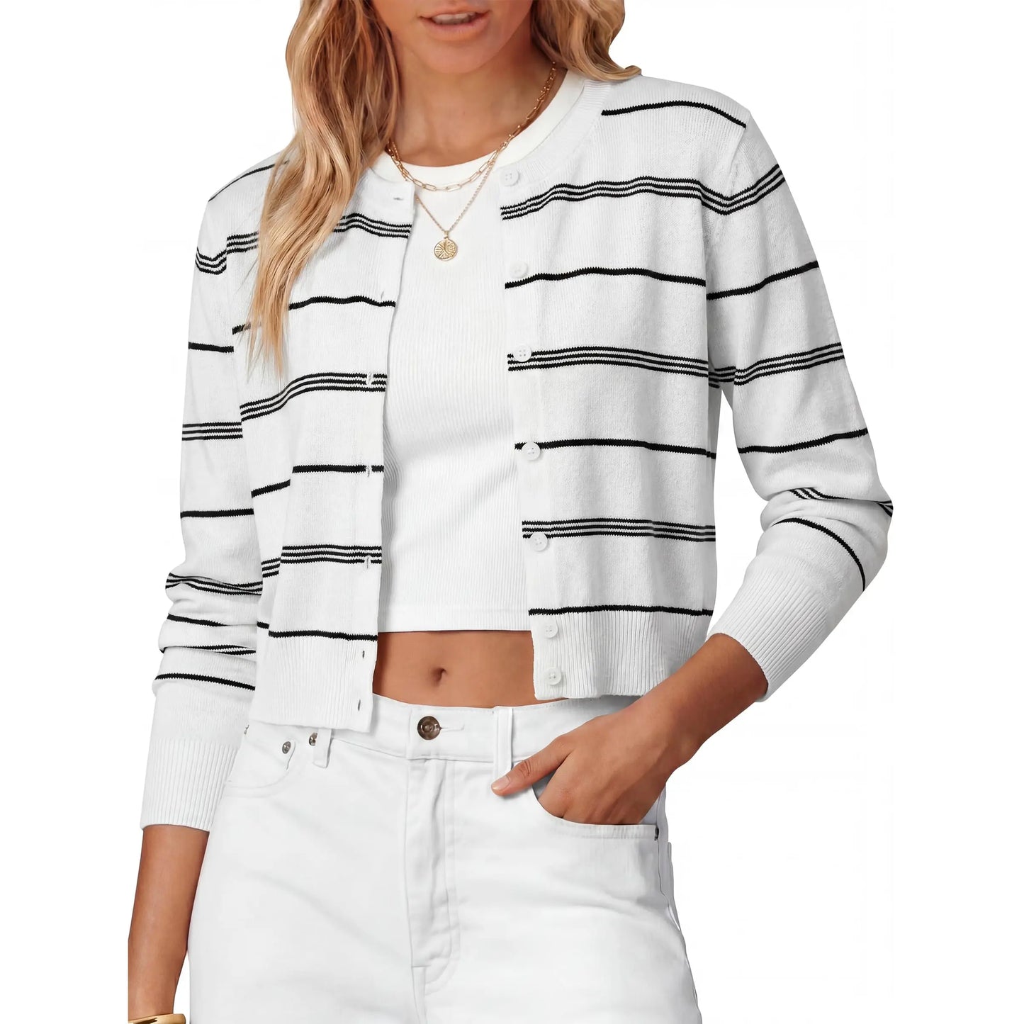 ANRABESS Women'S Cropped Cardigan Sweater | Lightweight Cozy Knit, Long Sleeve Crew Neck Button Down, Cute Versatile Tops for Business Casual Work, Travel, Spring Fall