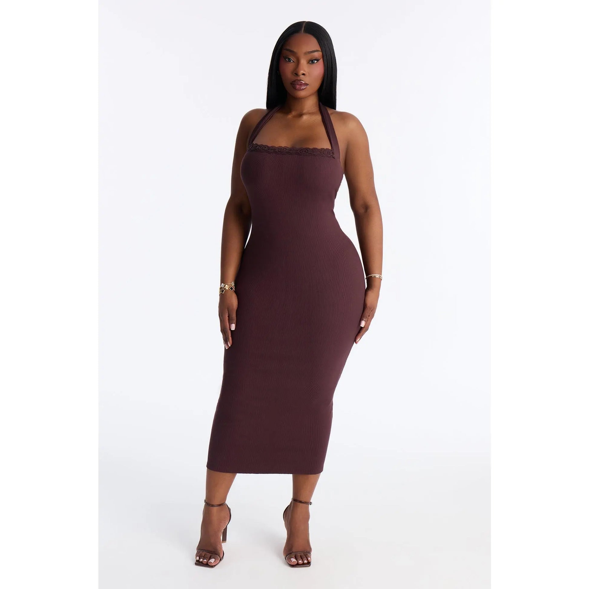 Mallory Halter Snatched Midi Dress - Chocolate